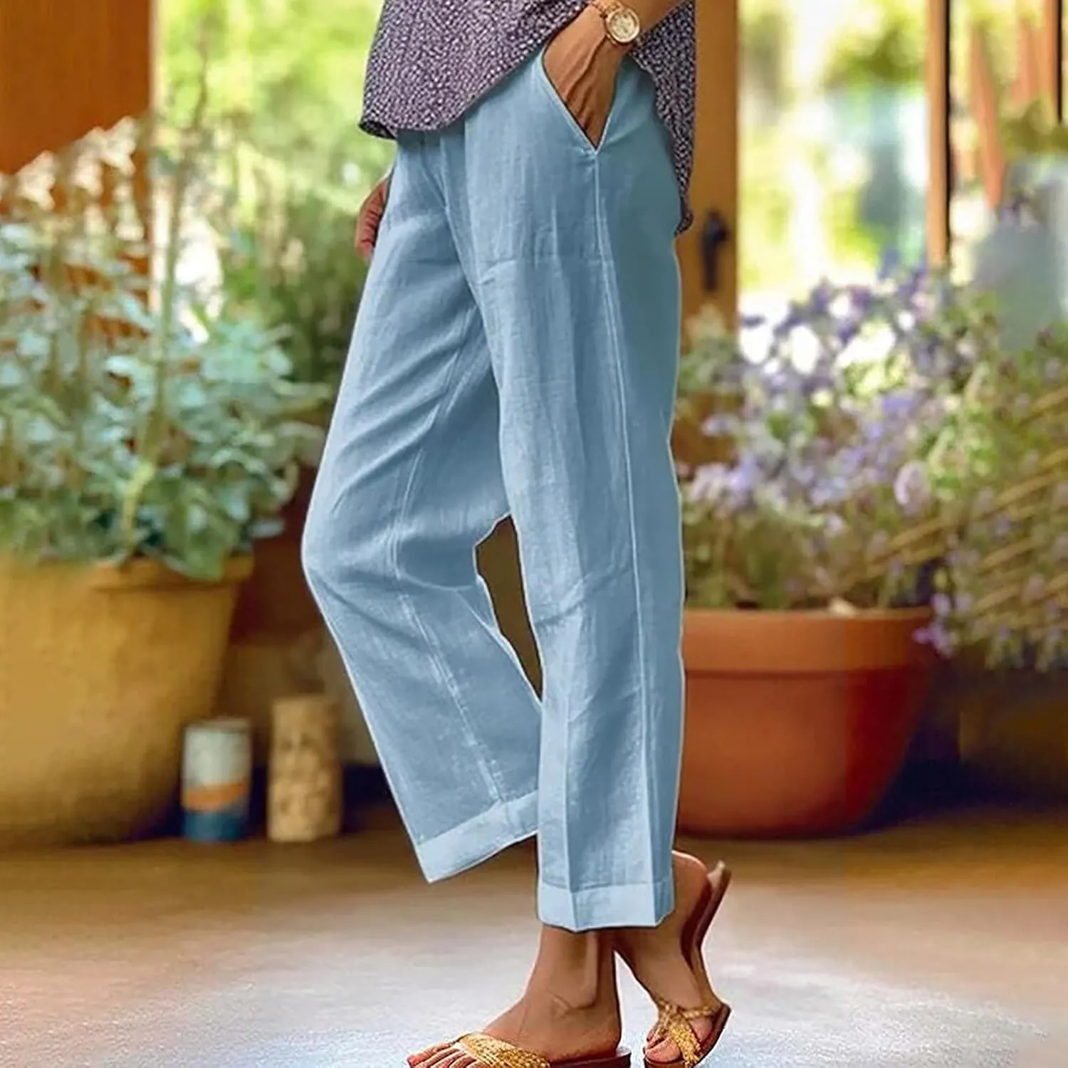 YRAETENM Cropped Linen Pants Women Elastic Waist Straight Leg Cotton Pants Casual Beach Summer Slacks Trousers with Pockets