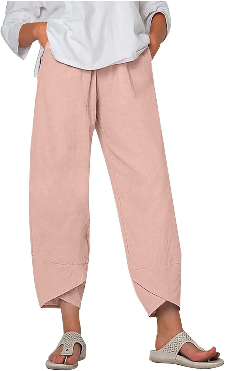 YRAETENM Womens Linen Pants Casual High Waisted Drawstring Elastic Trousers Loose Fit Straight Leg Capris Pants with Pockets