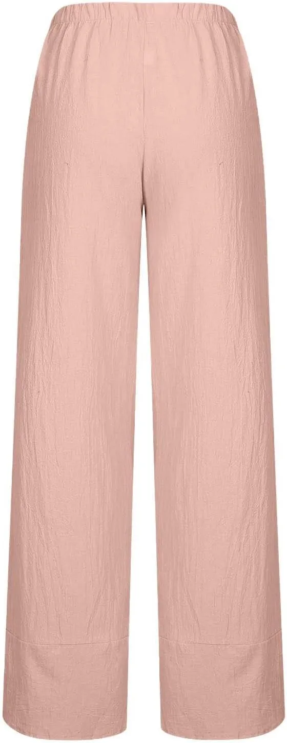 YRAETENM Womens Linen Pants Casual High Waisted Drawstring Elastic Trousers Loose Fit Straight Leg Capris Pants with Pockets