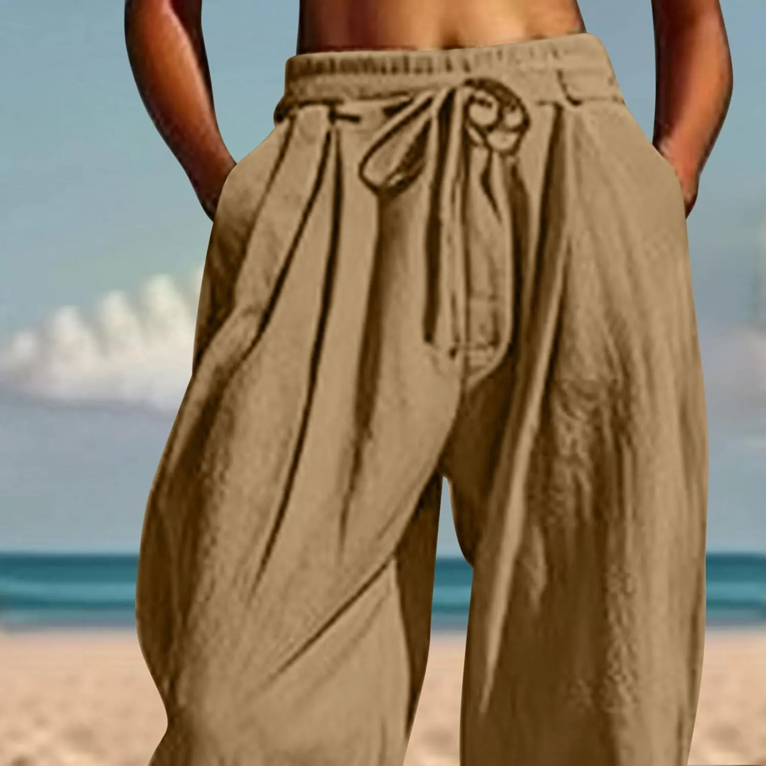 YRAETENM Womens Linen Pants Cotton Baggy Palazzo Harem Pants Drawstring Elastic Waist Beach Yoga Trousers Casual Lounge Pants