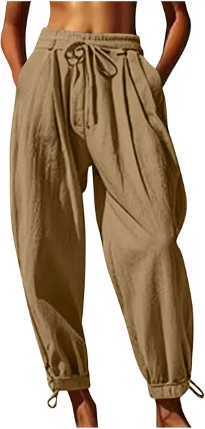 YRAETENM Womens Linen Pants Cotton Baggy Palazzo Harem Pants Drawstring Elastic Waist Beach Yoga Trousers Casual Lounge Pants