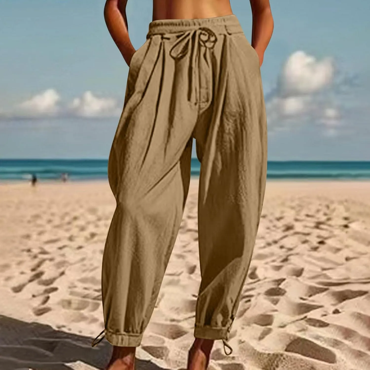 YRAETENM Womens Linen Pants Cotton Baggy Palazzo Harem Pants Drawstring Elastic Waist Beach Yoga Trousers Casual Lounge Pants