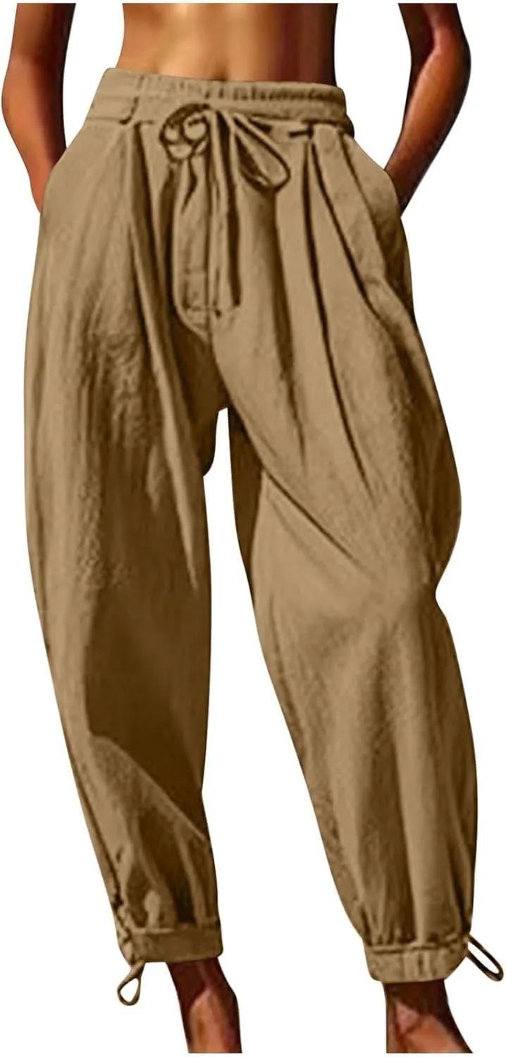 YRAETENM Womens Linen Pants Cotton Baggy Palazzo Harem Pants Drawstring Elastic Waist Beach Yoga Trousers Casual Lounge Pants