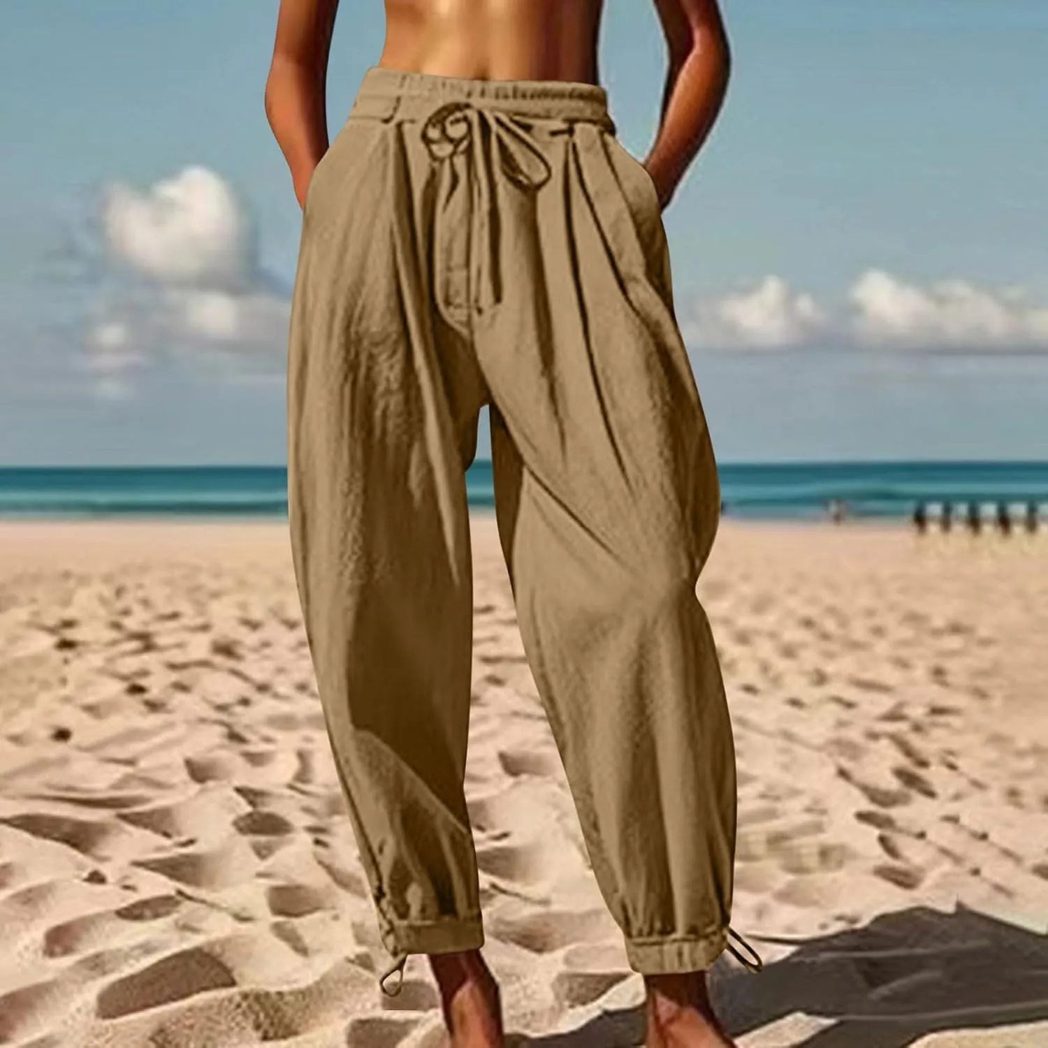 YRAETENM Womens Linen Pants Cotton Baggy Palazzo Harem Pants Drawstring Elastic Waist Beach Yoga Trousers Casual Lounge Pants