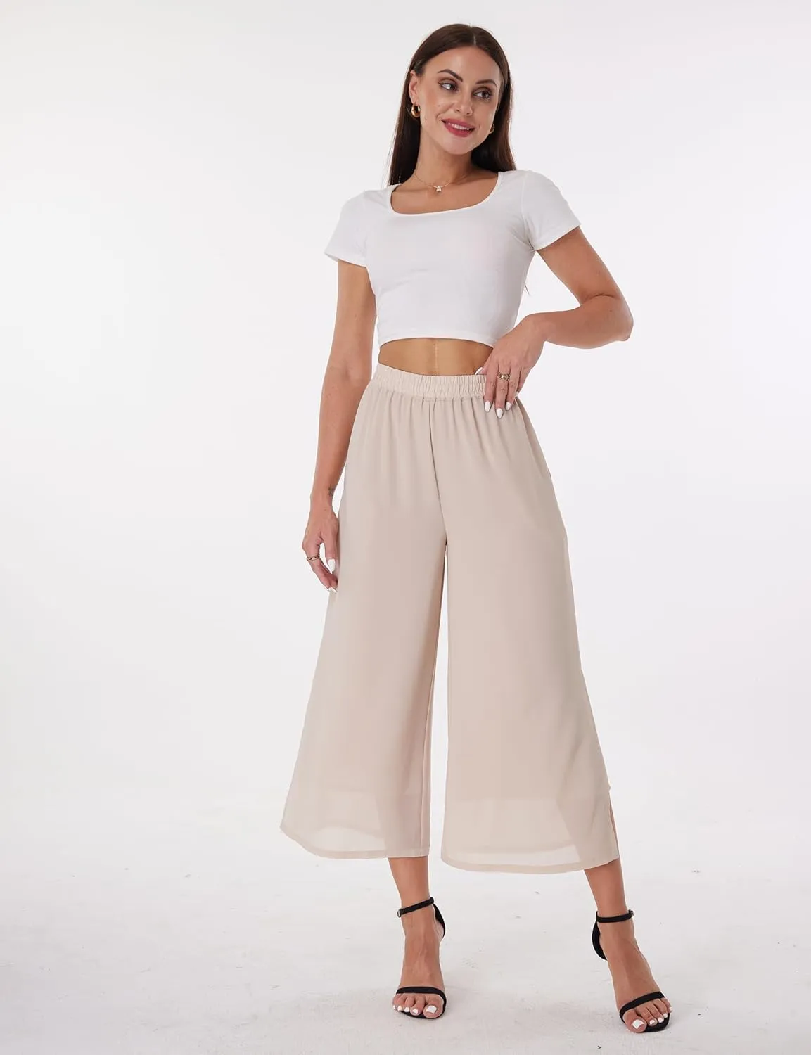 zsangbee Women's Wide Leg Palazzo Pants Chiffon Flowy Loose Party Wedding Dressy Casual Trousers
