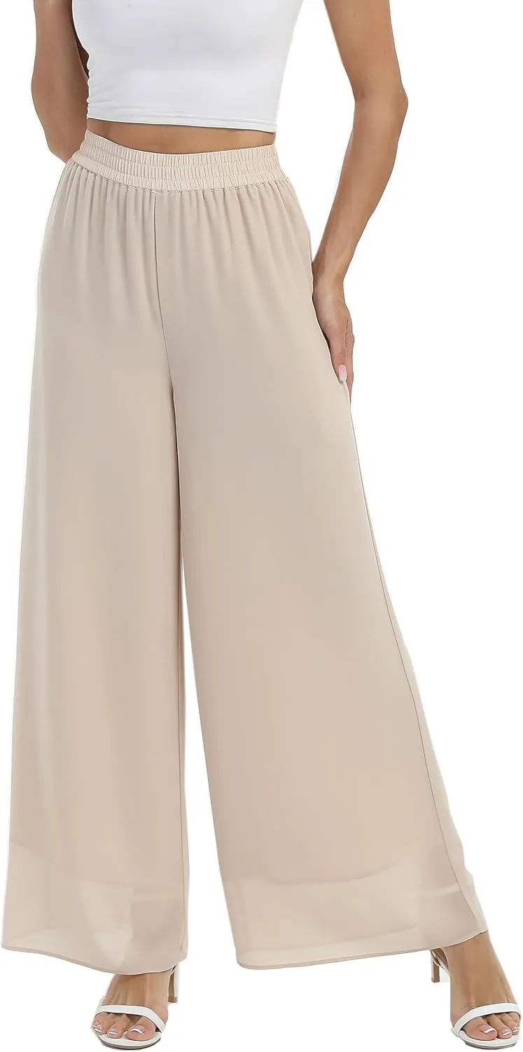 zsangbee Women's Wide Leg Palazzo Pants Chiffon Flowy Loose Party Wedding Dressy Casual Trousers