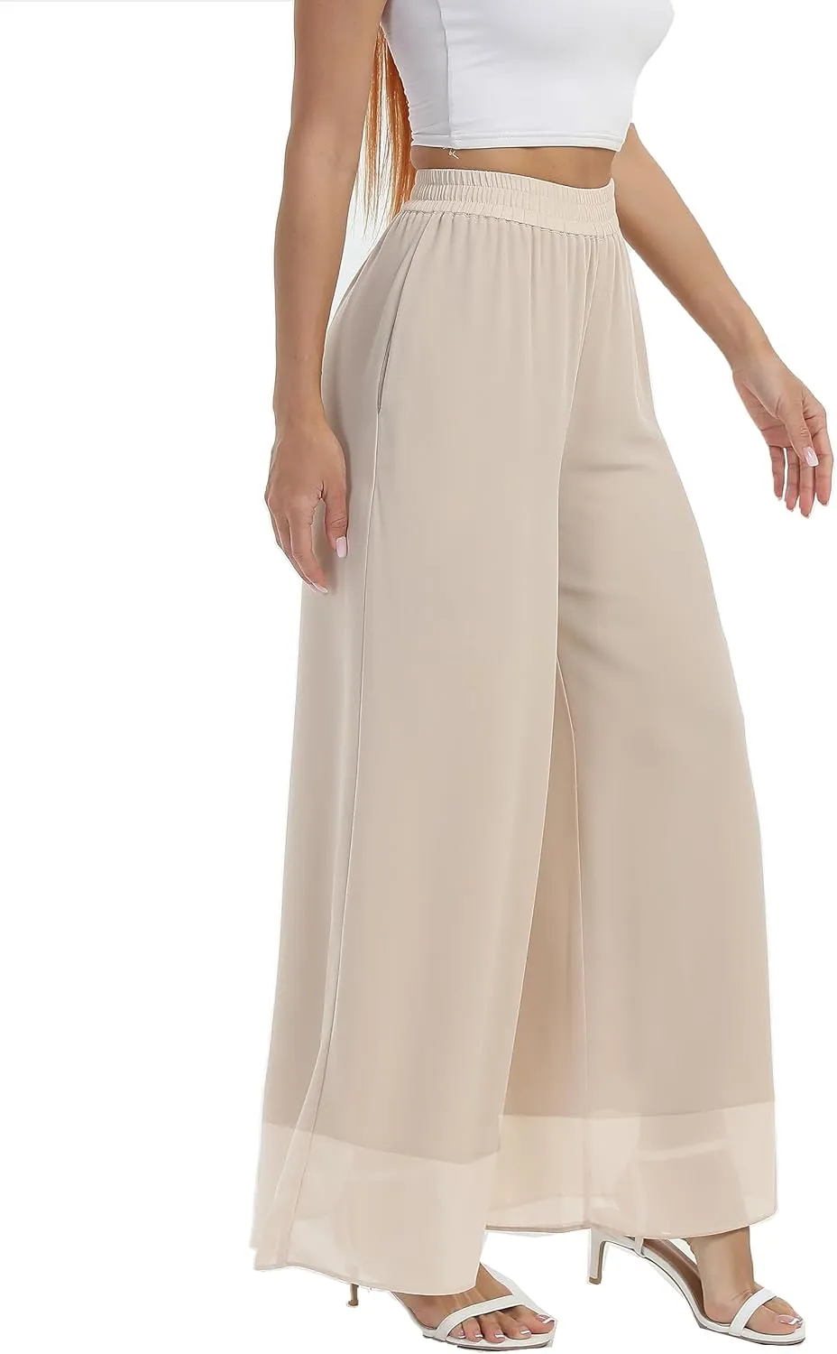 zsangbee Women's Wide Leg Palazzo Pants Chiffon Flowy Loose Party Wedding Dressy Casual Trousers