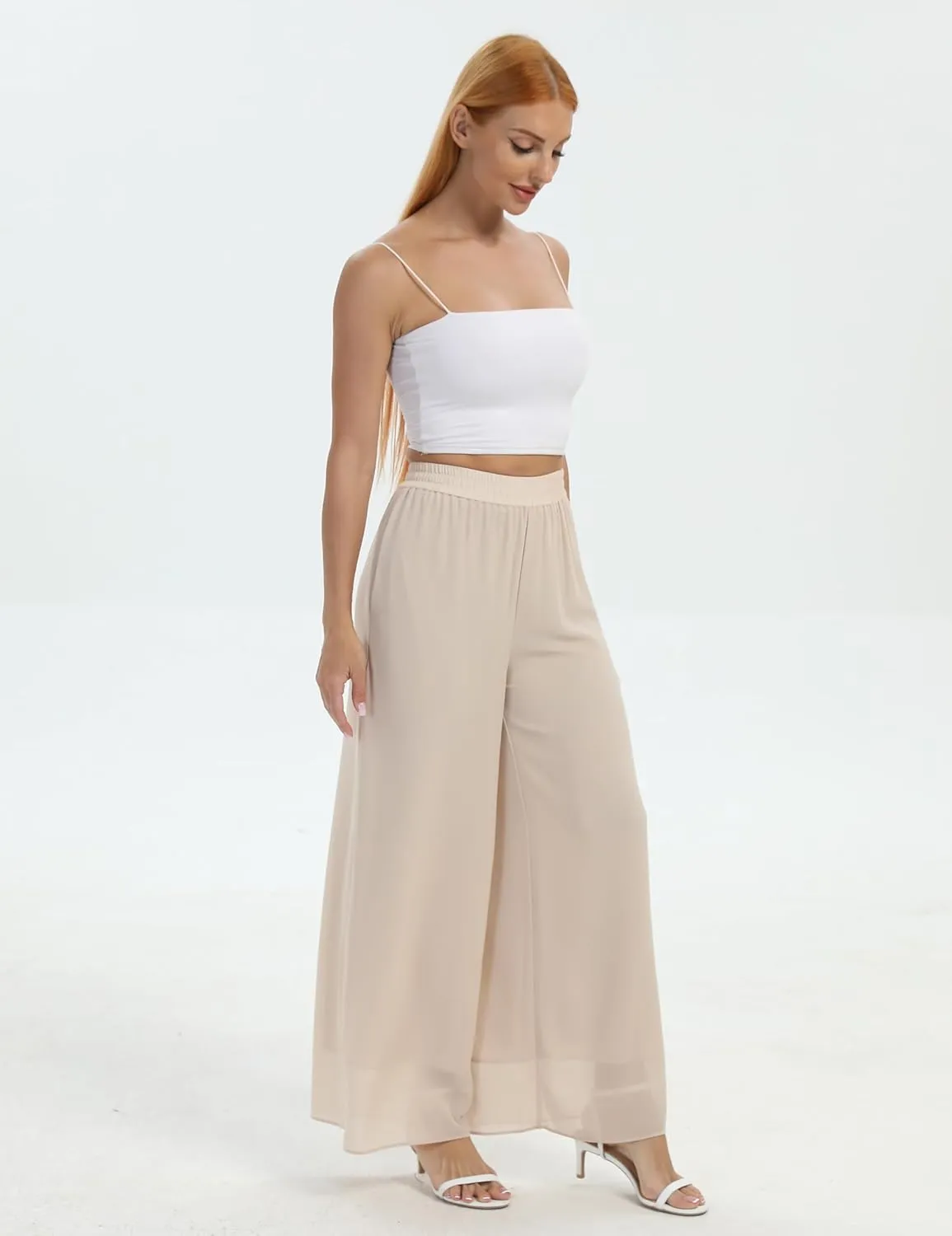 zsangbee Women's Wide Leg Palazzo Pants Chiffon Flowy Loose Party Wedding Dressy Casual Trousers