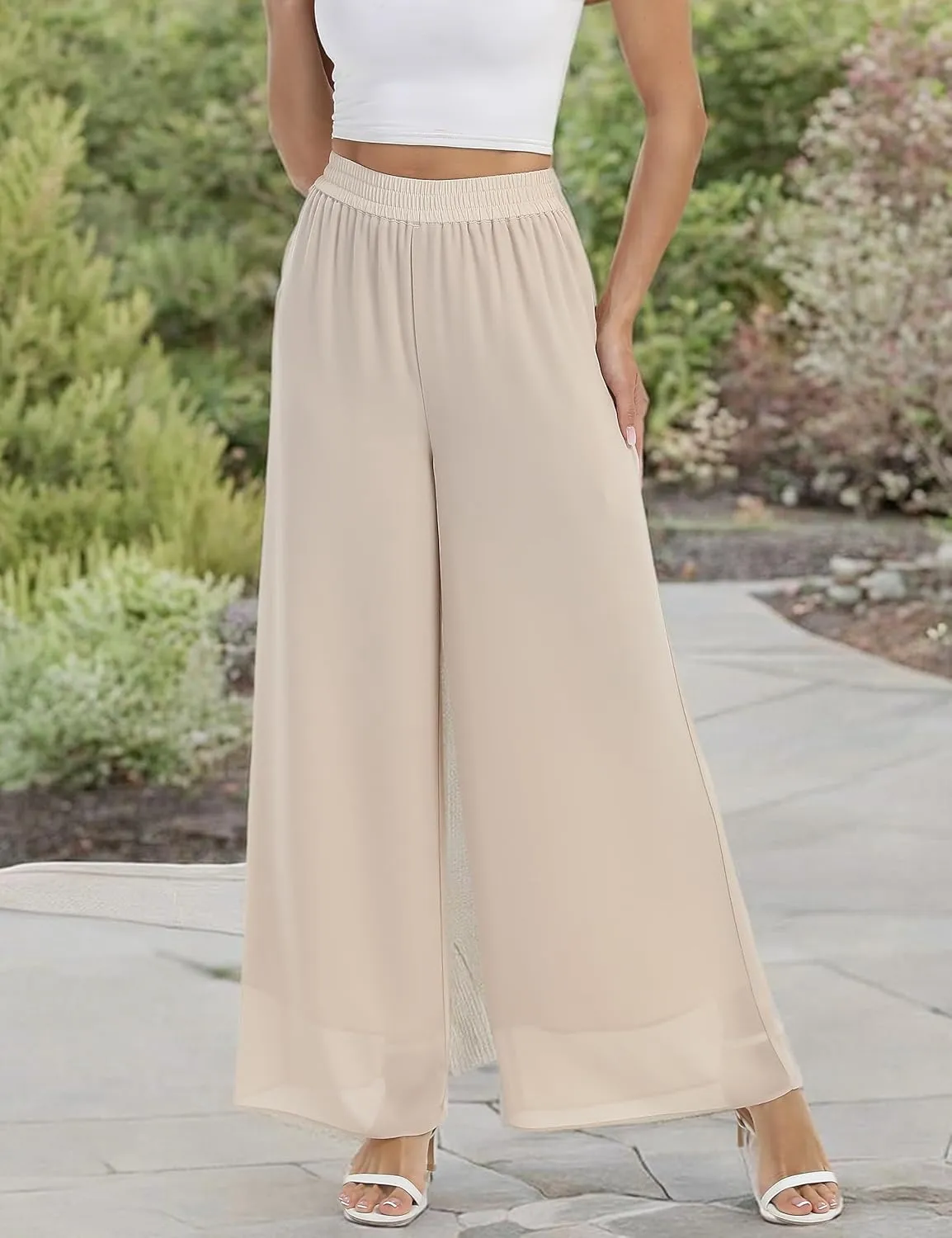 zsangbee Women's Wide Leg Palazzo Pants Chiffon Flowy Loose Party Wedding Dressy Casual Trousers