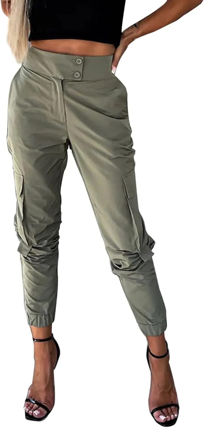 ZYXTIM Women's High Waist Casual Capri Cargo Pants Elastic Waisted Ankle Length Cropped Tapered Fatigue Trousers